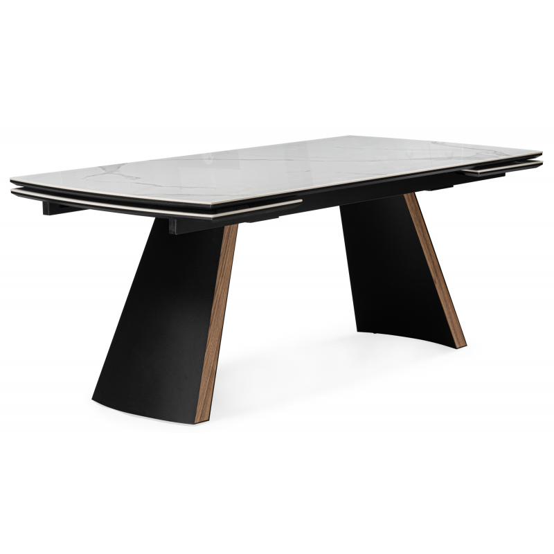 Керамический стол Симмонс 180(260)x90 statuario titan gloss / черный / орех дуб монтана