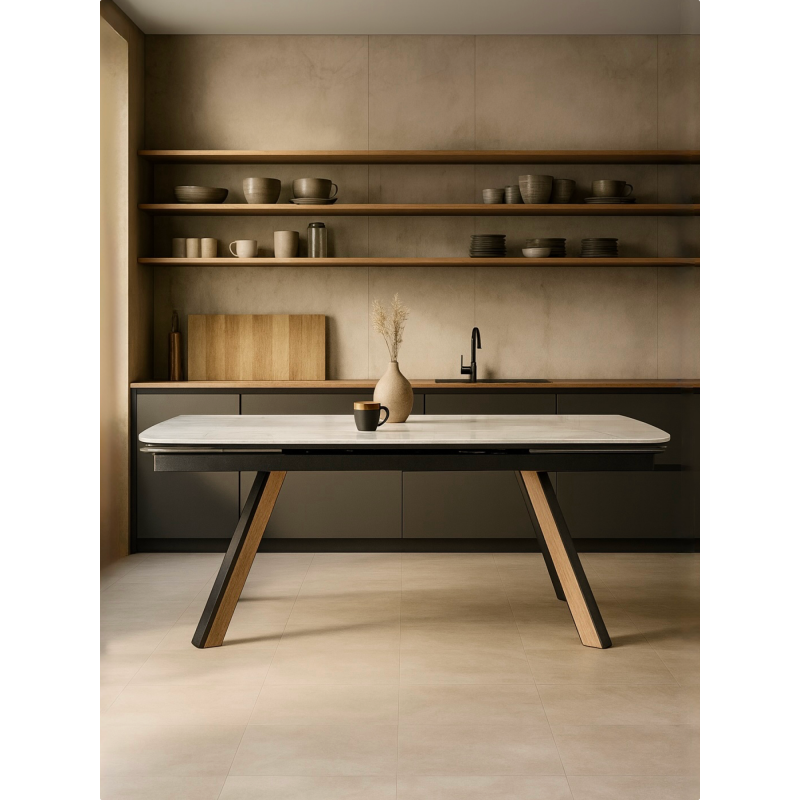 Керамический стол Симмонс 180(260)x90 statuario titan gloss / черный / орех дуб монтана — изображение 9