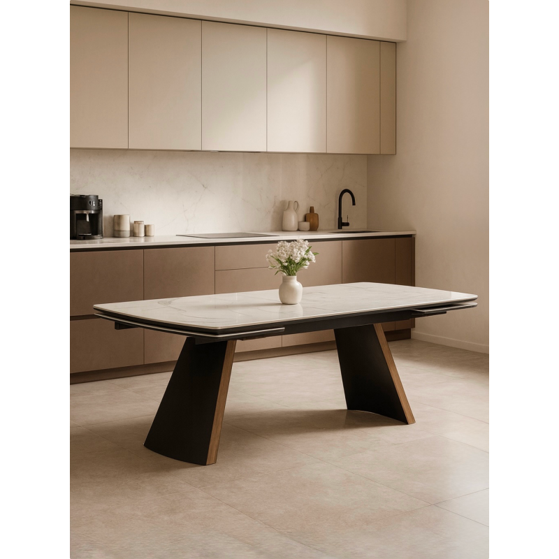 Керамический стол Симмонс 180(260)x90 statuario titan gloss / черный / орех дуб монтана — изображение 10